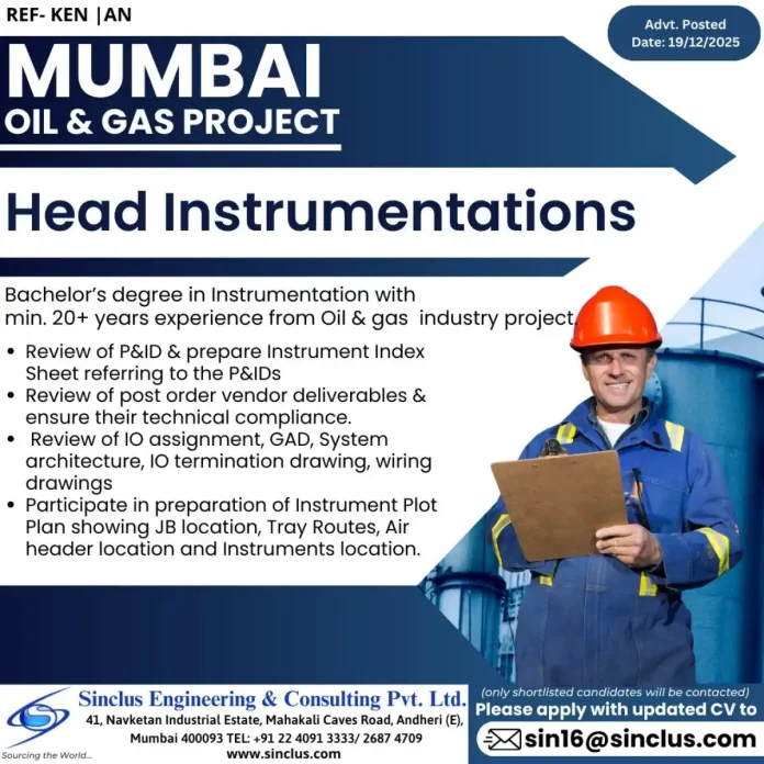 Head Instrumentation Job Opening for Oil & Gas Project in Mumbai