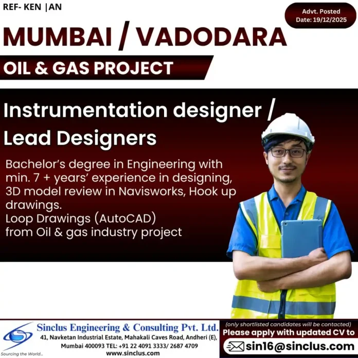 Instrumentation Designer Lead Position Oil Gas Industry Mumbai Vadodara