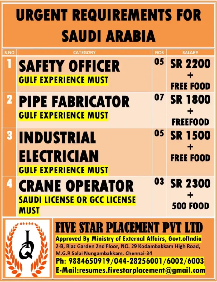 Five Star Placement Job Opportunities in Saudi Arabia for Safety Officer, Pipe Fabricator, Electrician, Crane Operator