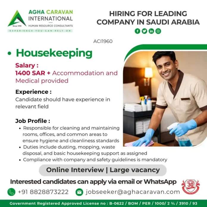 Housekeeping staff maintaining cleanliness in Saudi Arabian accommodation
