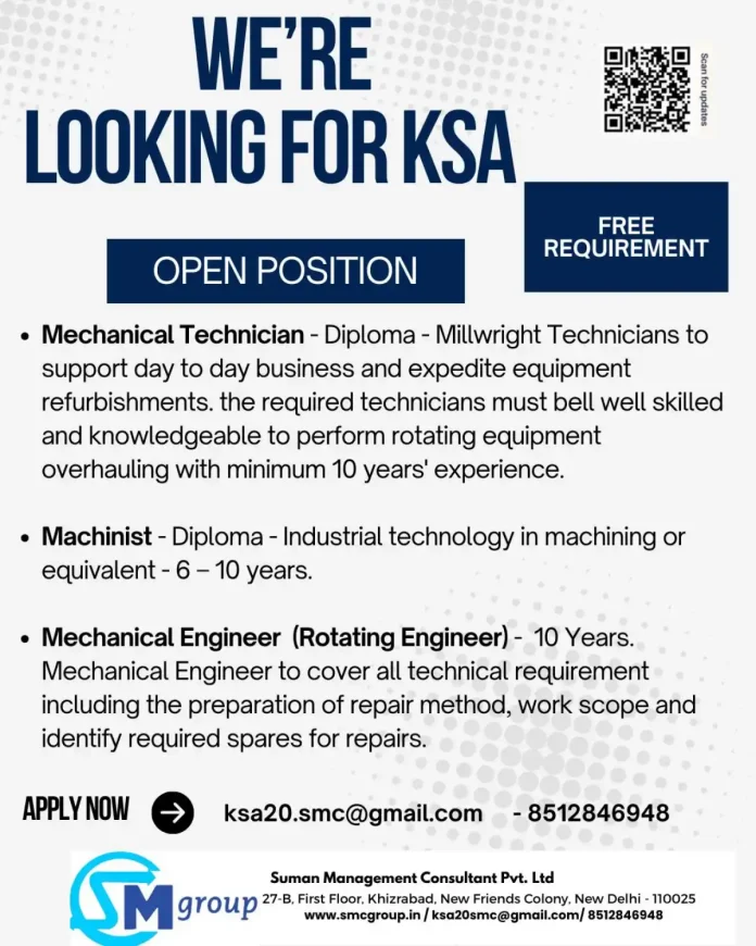 Mechanical Engineer and Technician jobs available in KSA through Suman Management Consultant