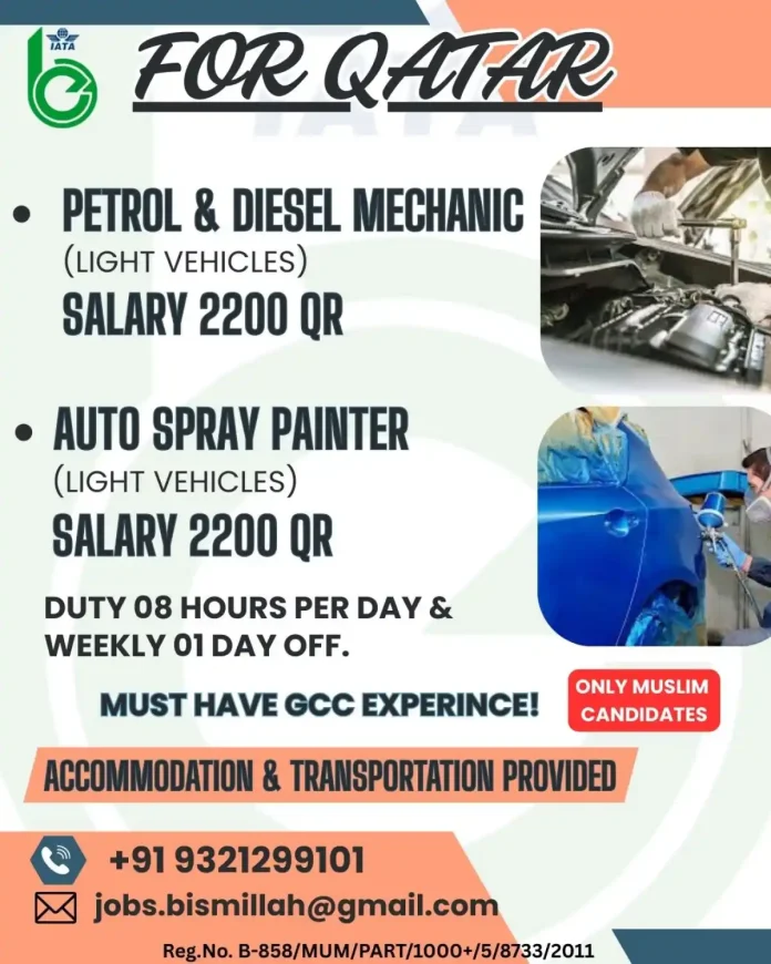 Petrol Diesel Mechanic and Auto Spray Painter Jobs Available in Qatar