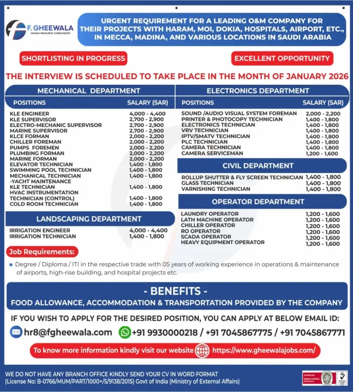 F Gheewala O&M Jobs Recruitment for Saudi Arabia Projects