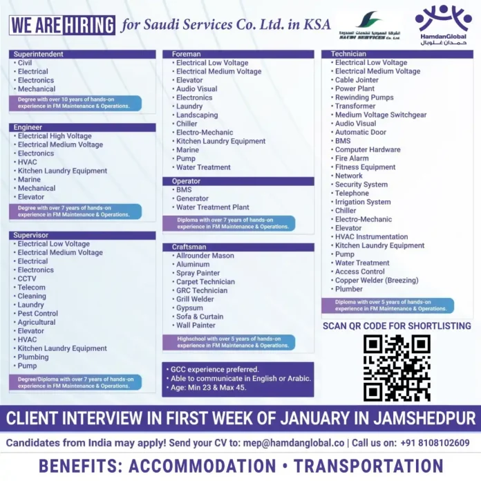 Saudi Services Co. Ltd. FM Maintenance and Operations Job Opportunities in KSA