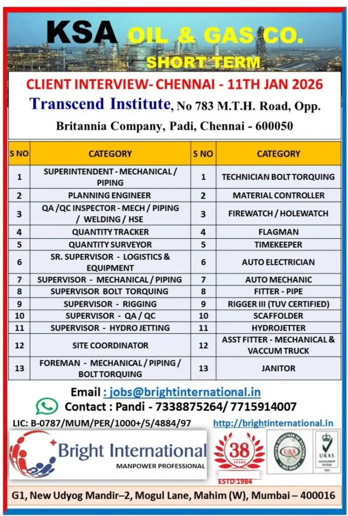 KSA Oil & Gas Company Recruitment 2026 Chennai Interview