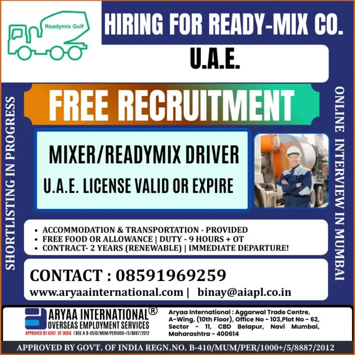 Mixer Readymix Driver Job Opportunity in UAE with Free Recruitment
