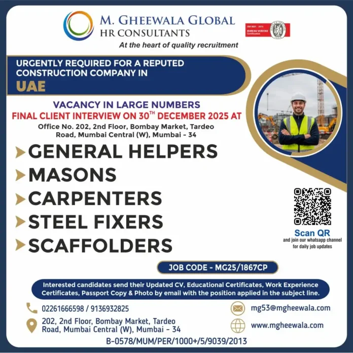 Construction workers job interview for UAE positions at M. Gheewala HR Consultants office