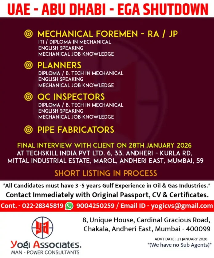 EGA Shutdown Abu Dhabi Mechanical Jobs Recruitment