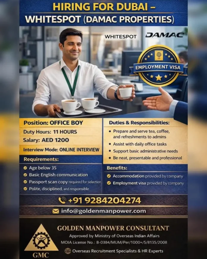 Office Boy Job Opportunity in Dubai with WHITESPOT DAMAC Properties