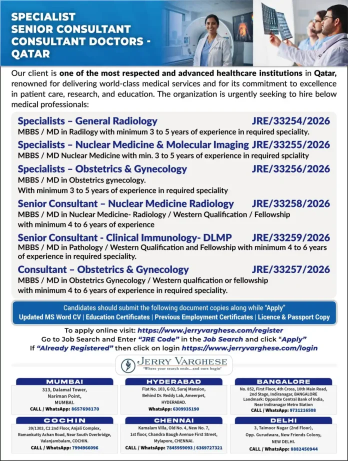 Specialist and Senior Consultant Doctors needed for Qatar healthcare positions