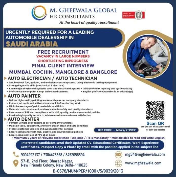 Automobile Jobs Recruitment in Saudi Arabia - Auto Electrician Painter Denter Positions