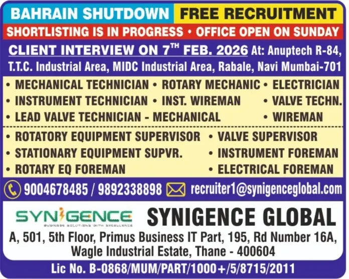 Synigence Global Bahrain Shutdown Recruitment Drive 2026