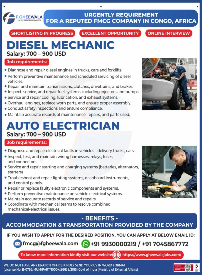 Diesel Mechanic and Auto Electrician working on vehicles in Congo, Africa