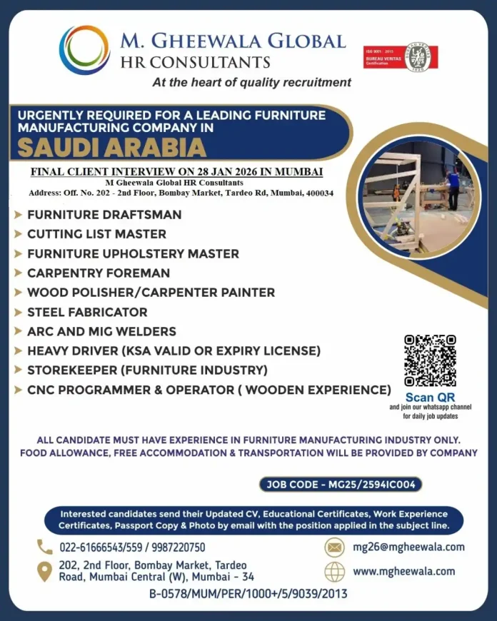 M Gheewala Global HR Consultants Recruitment for Saudi Arabia Furniture Manufacturing Jobs