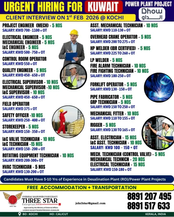 Three Star Enterprises Kuwait Power Plant Project Recruitment Interview in Kochi