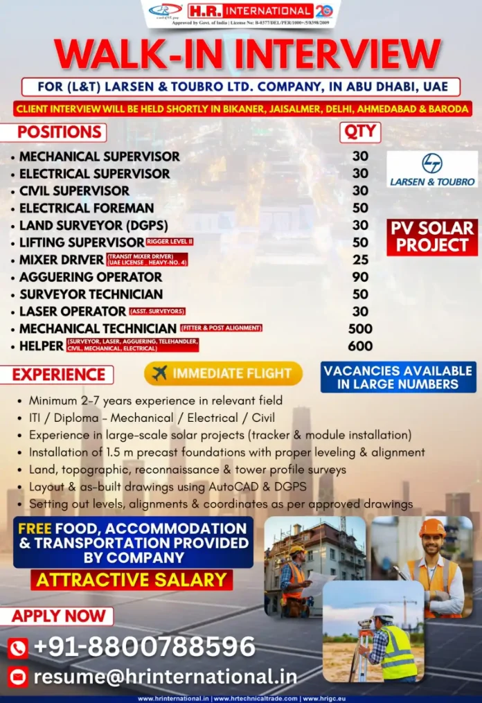 Walk-in Interview for L&T Larsen and Toubro Jobs in Abu Dhabi UAE by HR International