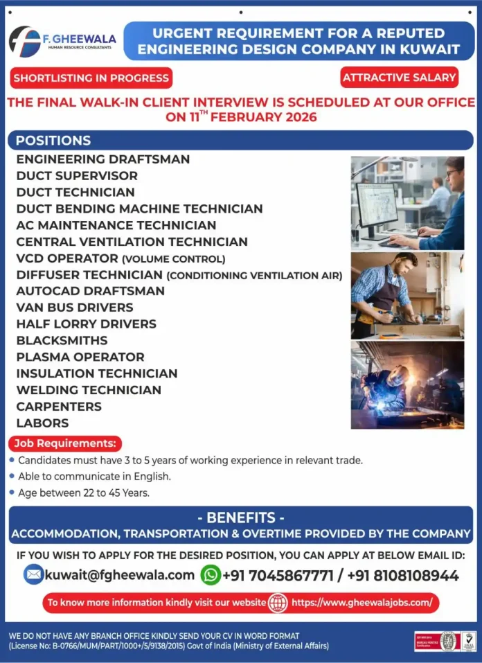 F Gheewala HR Consultants Kuwait Job Openings Engineering Technical Positions