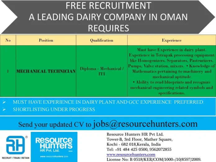 Mechanical Technician Job Opportunity in Oman Dairy Industry