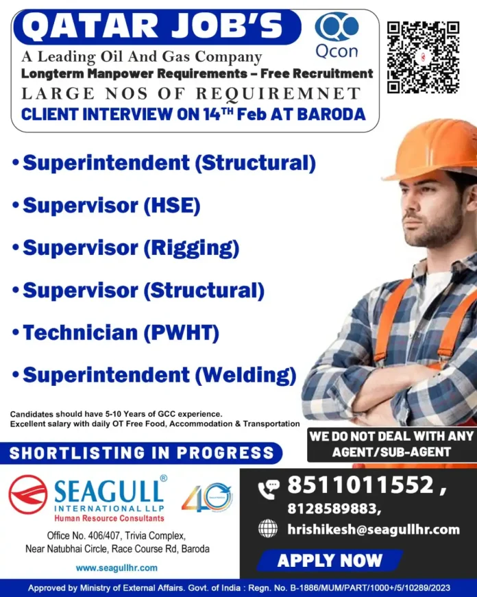Qatar Oil and Gas Jobs Recruitment 2024 - Qcon Hiring in Baroda