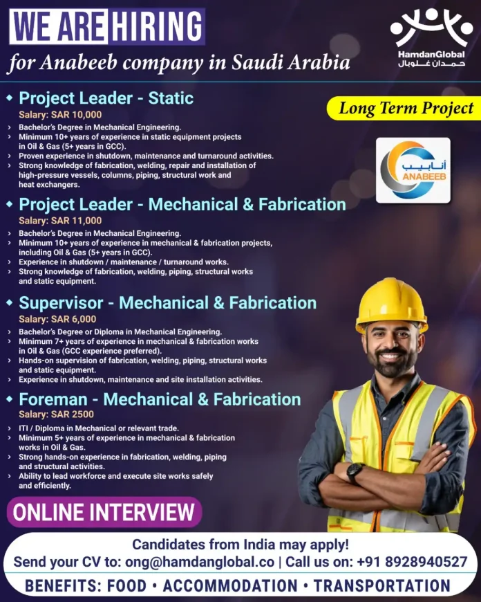 Anabeeb Company Saudi Arabia Oil Gas Jobs Recruitment Hiring Mechanical Fabrication Positions