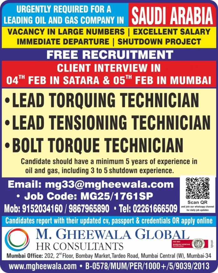 Oil and Gas Technicians Required for Saudi Arabia Project