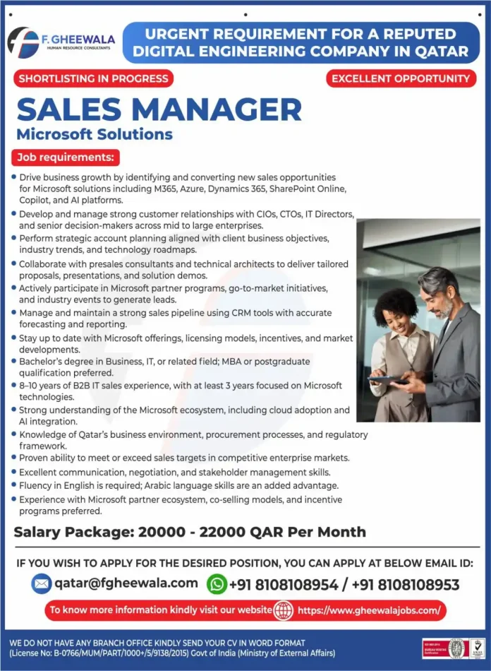 Sales Manager Microsoft Solutions Job Opportunity in Qatar with F Gheewala HR Consultants