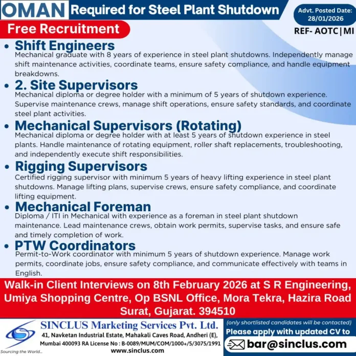 Steel Plant Shutdown Jobs in Oman Recruitment by SINCLUS