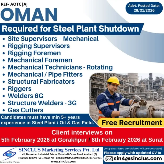 Steel Plant Shutdown Job Recruitment in Oman - February 2026 Openings