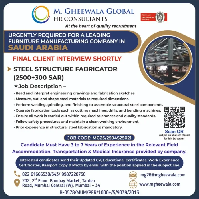 Steel Structure Fabricator Job Opportunity in Saudi Arabia with M Gheewala HR Consultants