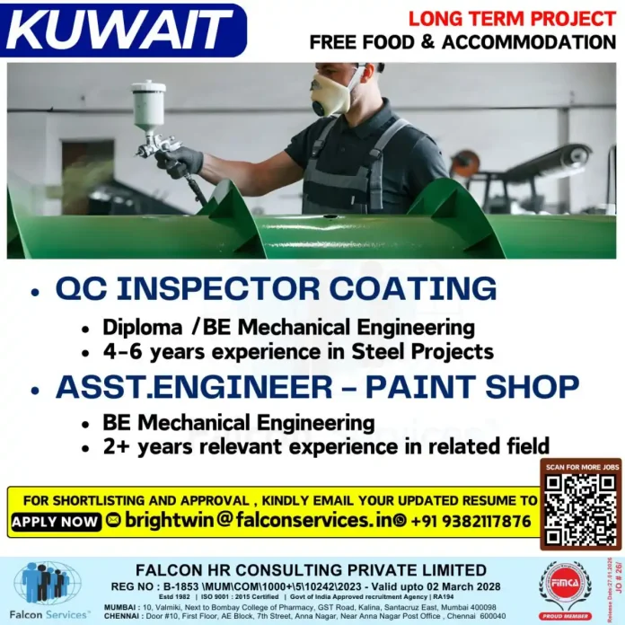 QC Inspector Coating and Assistant Engineer Paint Shop job opportunities in Kuwait with Falcon Services