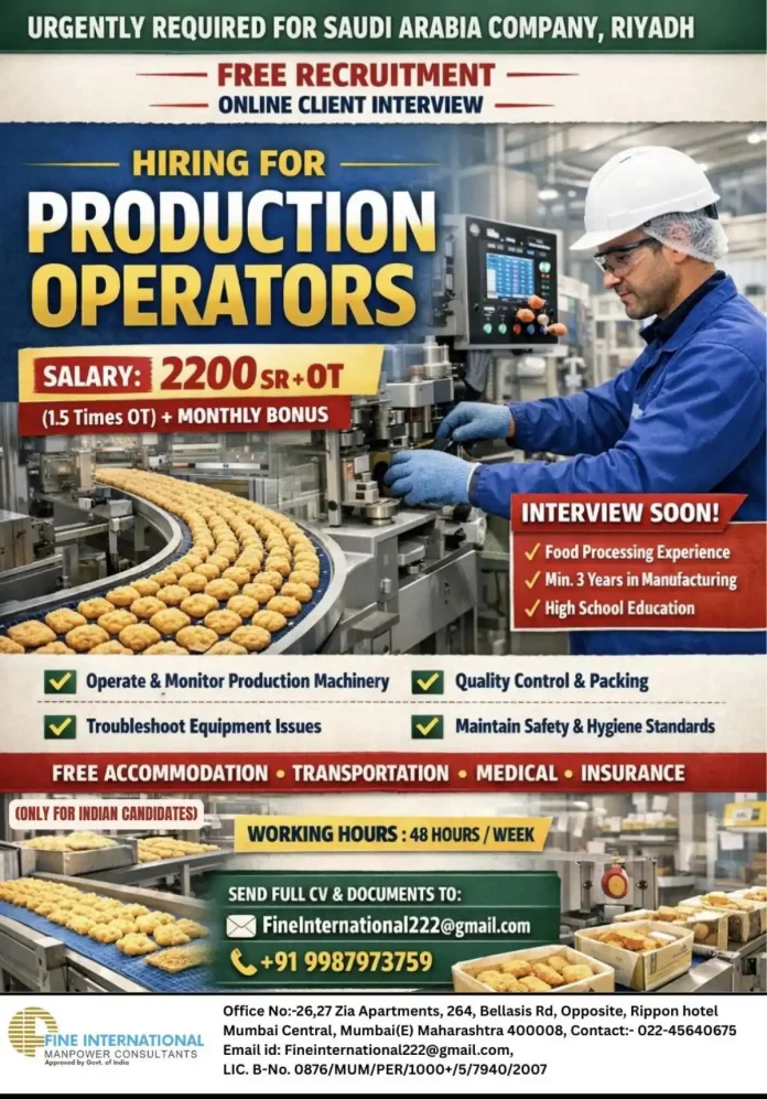 Production Operator Jobs in Saudi Arabia for Indian Candidates 2024