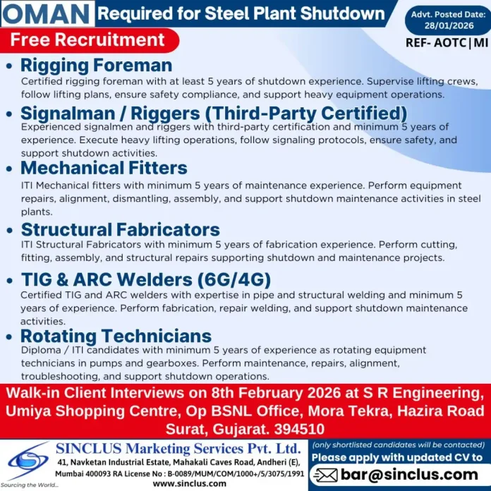 Oman Steel Plant Shutdown Job Recruitment by SINCLUS