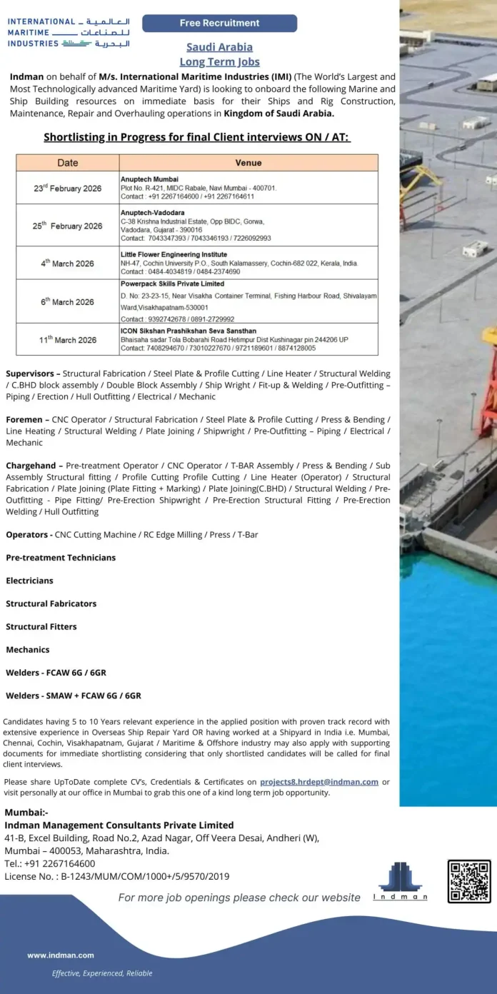 International Maritime Industries Shipyard Recruitment in Saudi Arabia