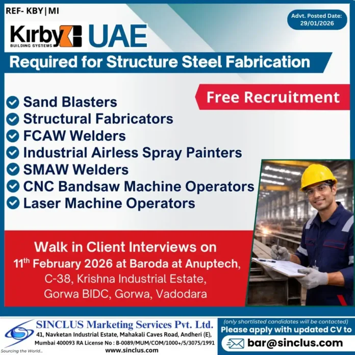 Kirby HUAE Structural Steel Fabrication Jobs Recruitment Walk-in Interview Vadodara