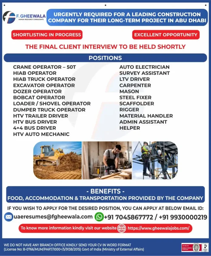 Construction job opportunities in Abu Dhabi with F GHEEWALA HR Consultants