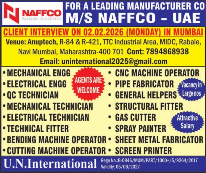 NAFFCO UAE Manufacturing Jobs Mumbai Interview 2026 - Multiple Technical Positions Available