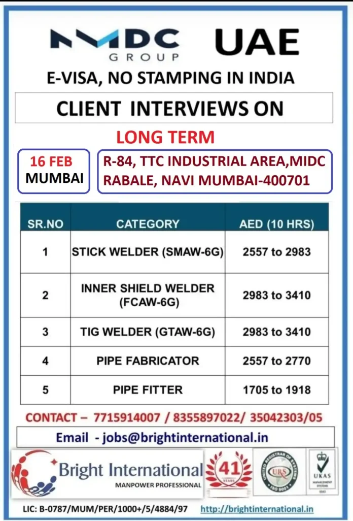 UAE Welding Jobs Recruitment MMDC Group Mumbai Interview February 2024