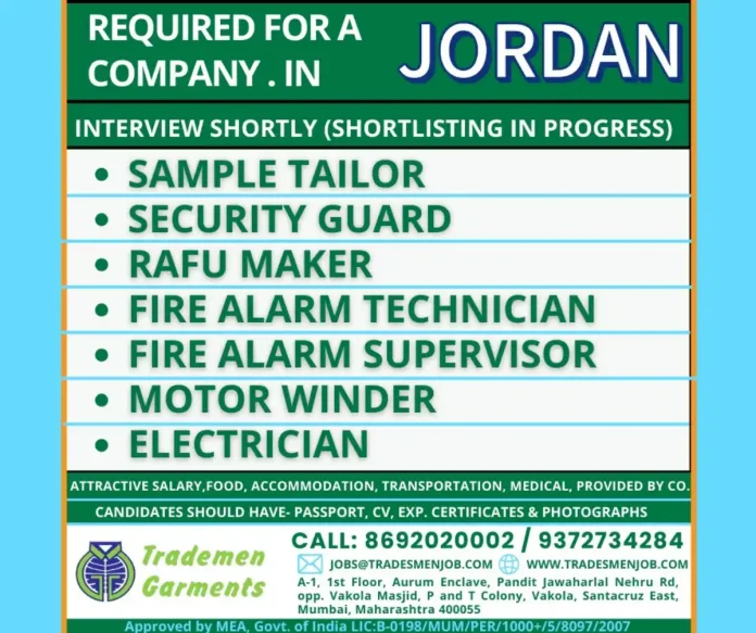 Urgent Job Openings in Jordan for Tradesmen Professionals