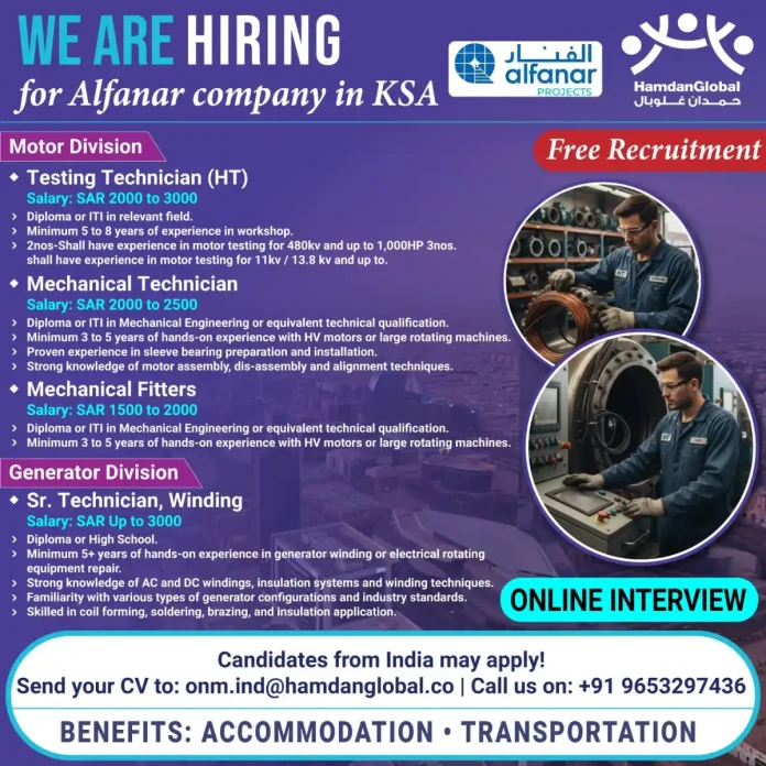 Alfanar Company KSA hiring for Motor and Generator Division technician positions