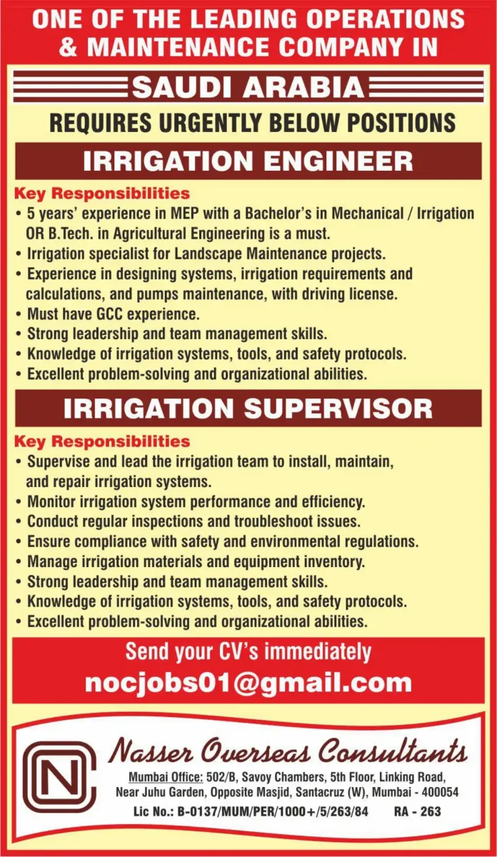 Irrigation Engineer and Supervisor Job Openings in Saudi Arabia with Nasser Overseas Consultants