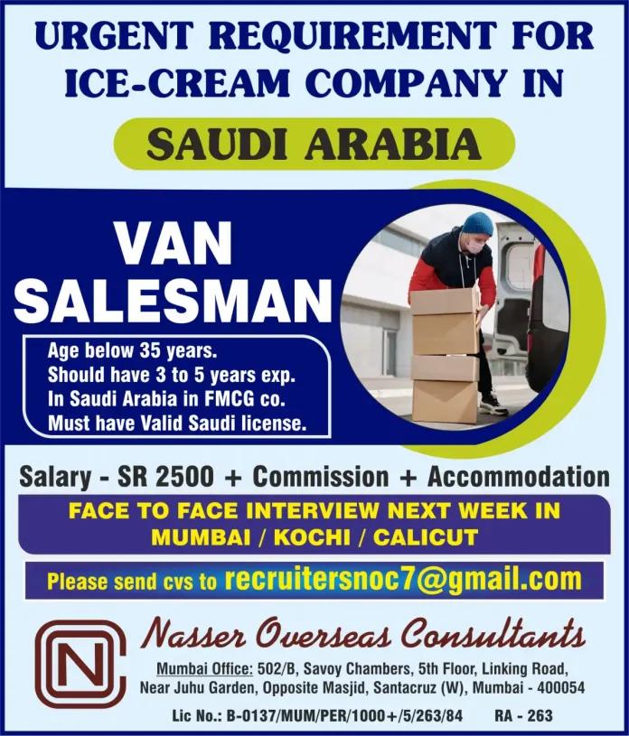 Van Salesman Job Opportunity for Ice-Cream Company in Saudi Arabia