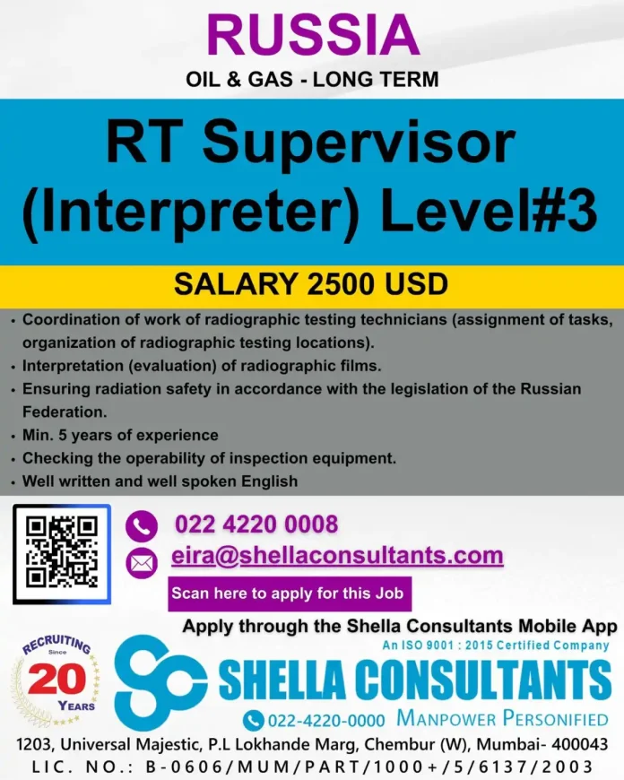 RT Supervisor job opportunity in Russia oil and gas sector