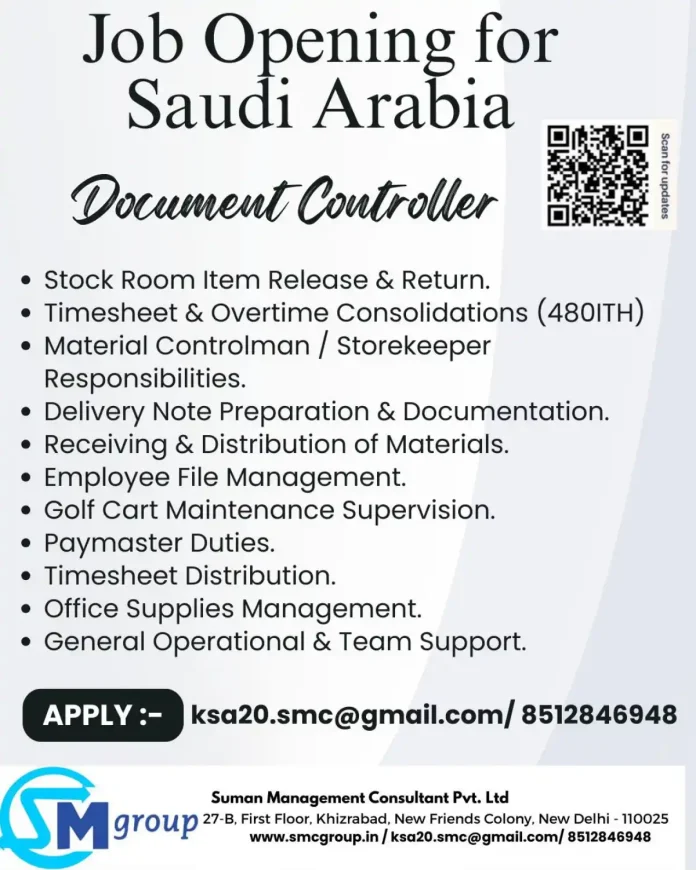 Document Controller Job Opportunity in Saudi Arabia with SMC Group