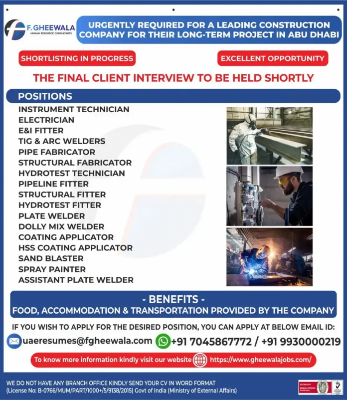 Construction job recruitment in Abu Dhabi by F. Gheewala HR Consultants