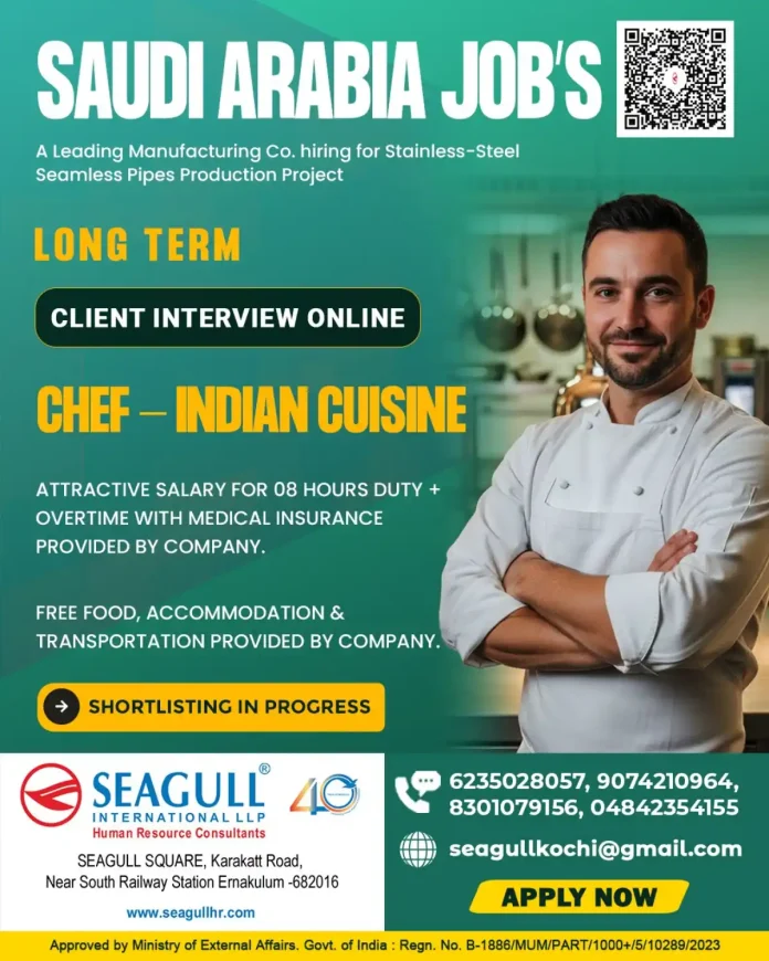 Chef Indian Cuisine Job Opportunity in Saudi Arabia with Free Accommodation and Benefits