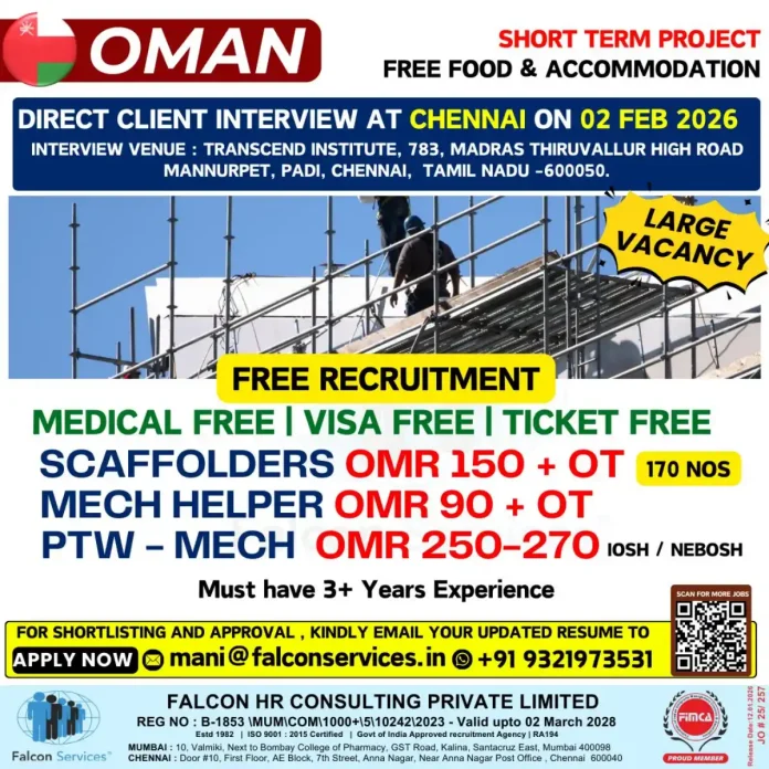 Scaffolding and mechanical work opportunities in Oman with Falcon HR Consulting
