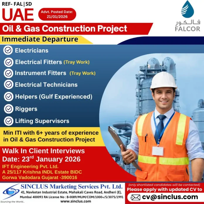 Walk-in Interviews for Oil and Gas Construction Jobs in UAE - Electricians, Fitters, Technicians, Helpers, Riggers Required