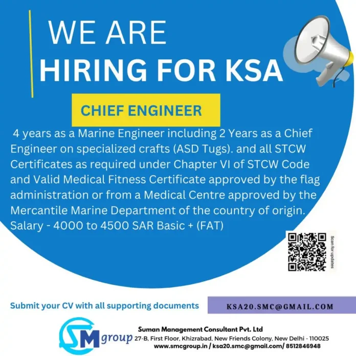 Chief Engineer working on marine vessel in KSA