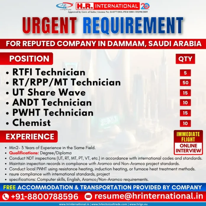 NDT Technician Jobs in Saudi Arabia Recruitment by H.R. INTERNATIONAL