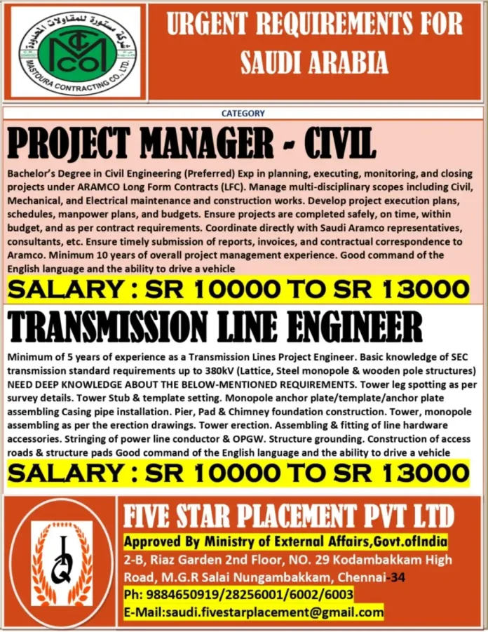 Job Opportunities for Engineers in Saudi Arabia with MASTOURA Contracting Co.